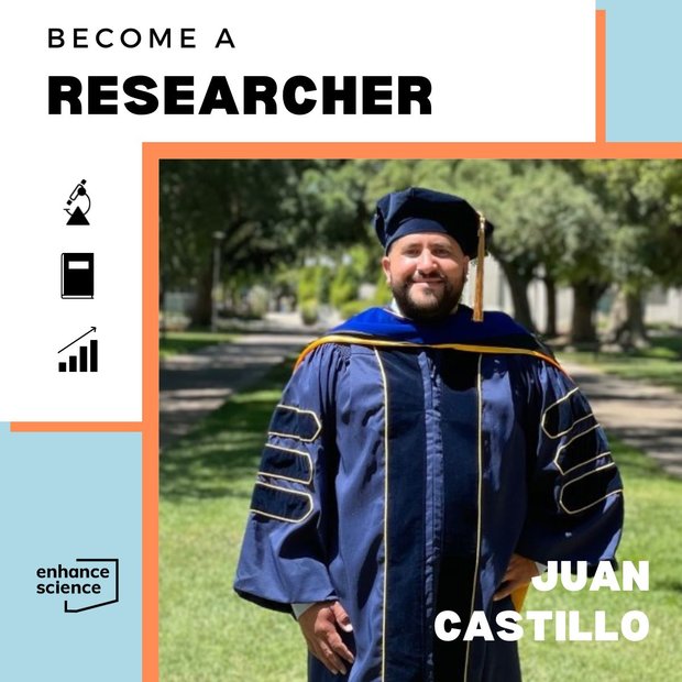 Photo of Juan Castillo standing outside in a park wearing an convocation robe. Graphic headline reads "Become a Researcher"