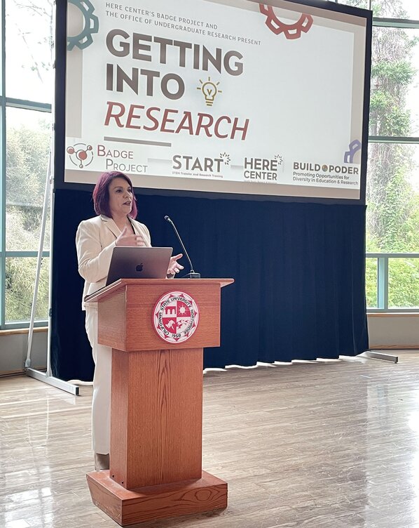 Gabriela Chavira, inaugural director of CSUN’s new Office of Undergraduate Research (OUR), giving an opening speech at its “Getting Into Research” event on Sept. 15, 2023.