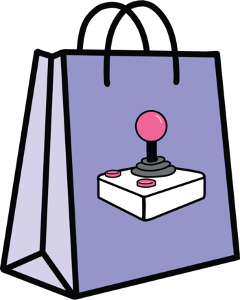 purple shopping bag illustration with white joystick