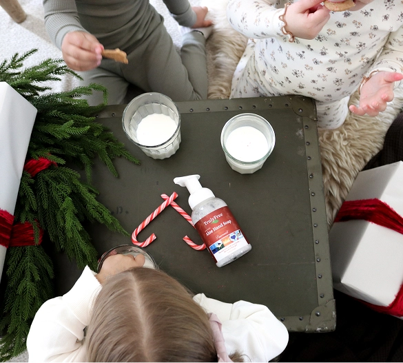 Truly Free Laundry Wash and refill pouch in a laundry room, with a woman and baby in the background.