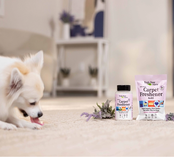 Truly Free Laundry Wash and refill pouch in a laundry room, with a woman and baby in the background.