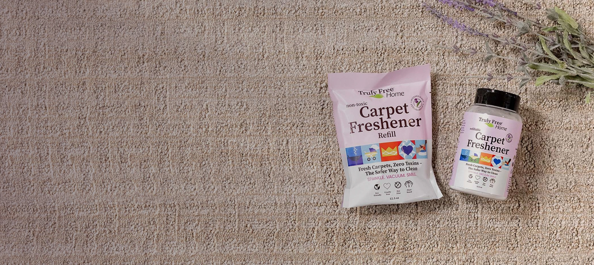 Truly Free Laundry Wash and refill pouch in a laundry room, with a woman and baby in the background.