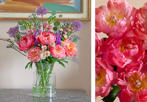 Someone carrying a bouquet of peonies