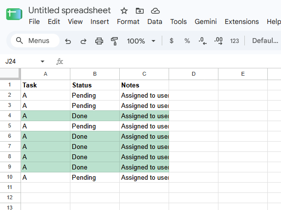 Screenshot of the rule correctly applied using the relative row reference