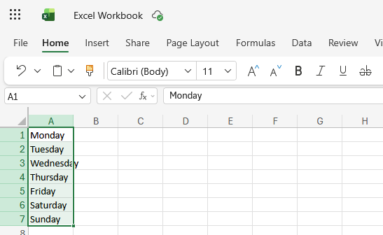 Screenshot of the result of dragging the fill handle down