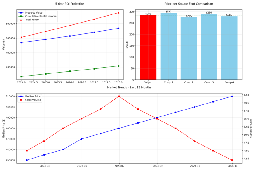 Data visualization example that shows a property’s value proposition through comparative market position, potential returns, and market trends. Created in seconds with Julius AI