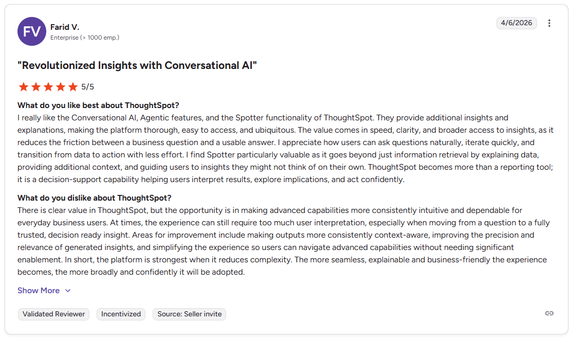 G2 review by Farid V., enterprise user, 5 out of 5 stars, April 6, 2026, titled Revolutionized Insights with Conversational AI