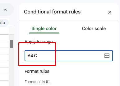 Screenshot of the new conditional format rule range