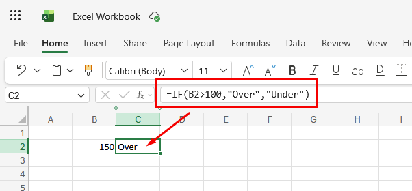 Screenshot of the IF formula in action on Excel for web