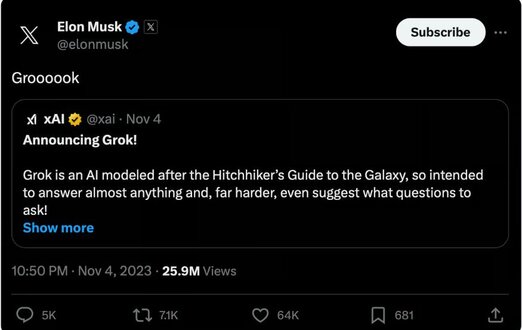 Tweet by Elon Musk announcing Grok AI