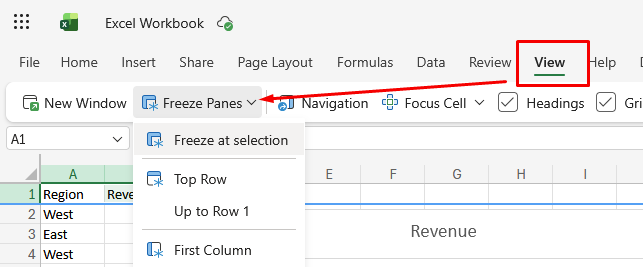 Screenshot of the View tab with Freeze Panes selected