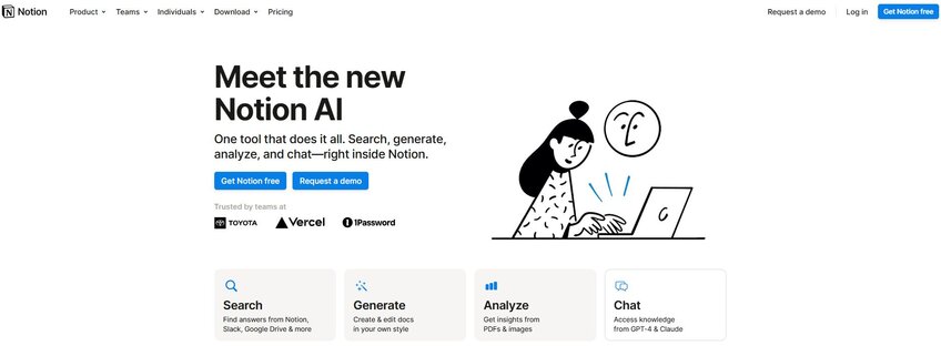 A multifunctional AI-powered work assistant, Notion can search databases, answer questions, and analyze and create content.