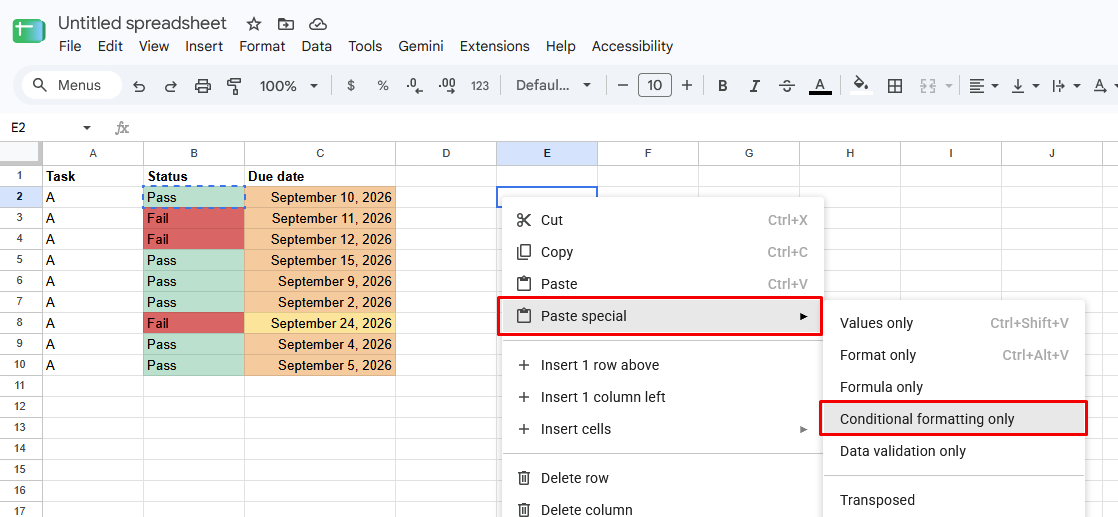 Screenshot of the Paste special dropdown with Conditional formatting only highlighted