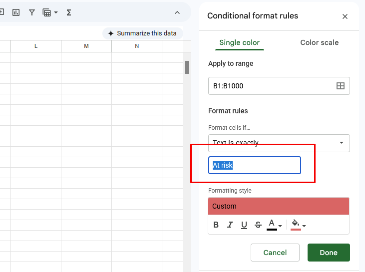 Screenshot of the Conditional format rules sidebar, with the new text highlighted