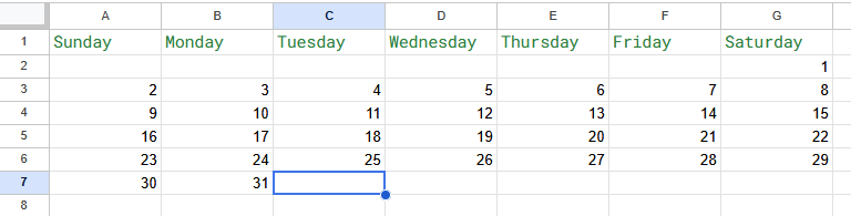 Month calendar filled in