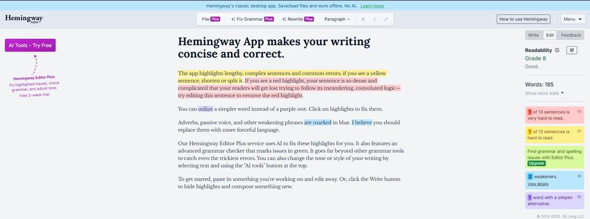 Hemingway App is a long-running writing assistant that has recently been empowered with AI to offer new features. 