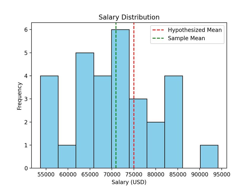 Data visualization example showing the distribution of salaries with the sample mean and hypothesized mean of $75,000. Created in seconds with Julius AI