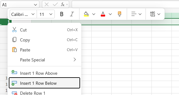 Screenshot of insert 1 row below