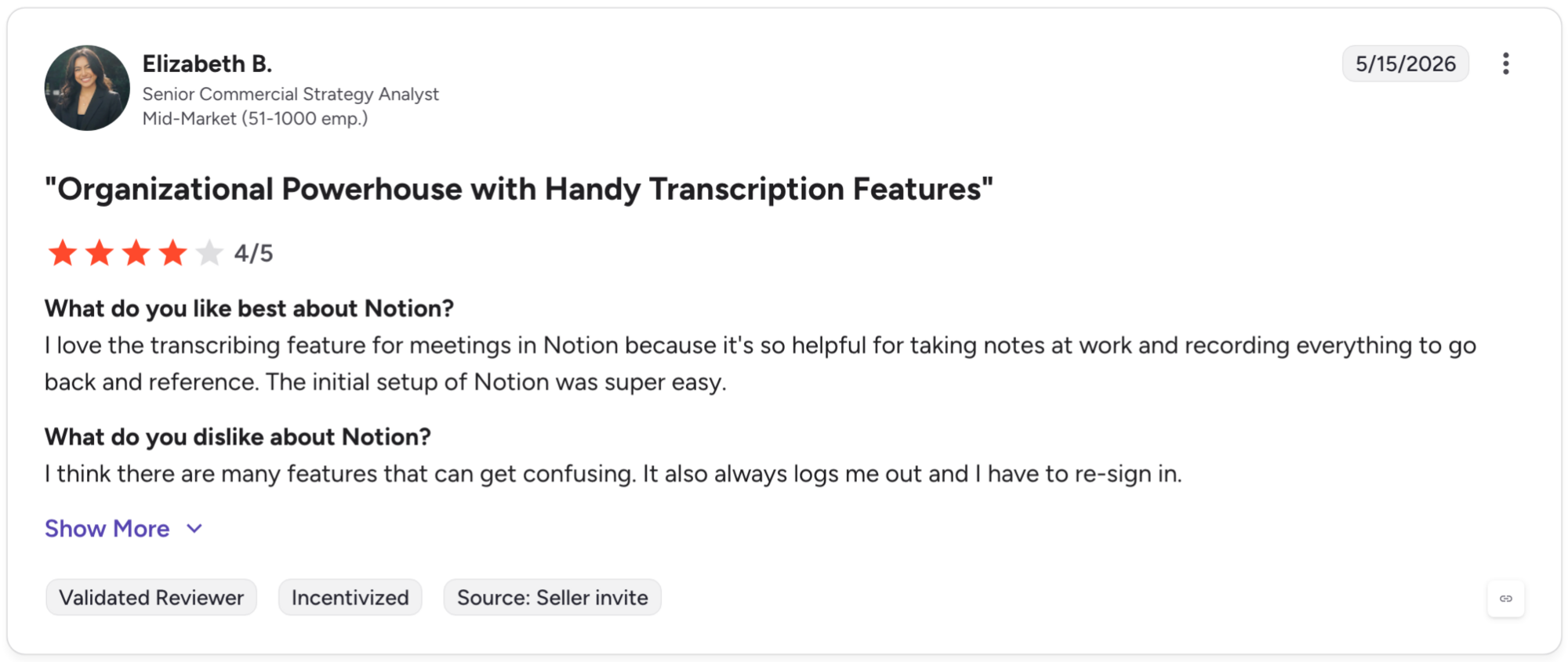 G2 review of Notion by Elizabeth B., Senior Commercial Strategy Analyst, 4/5 stars, dated May 15, 2026