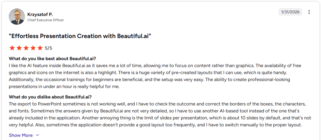G2 review of Beautiful.ai by Krzysztof P., rated 5 out of 5 stars, dated January 31, 2026