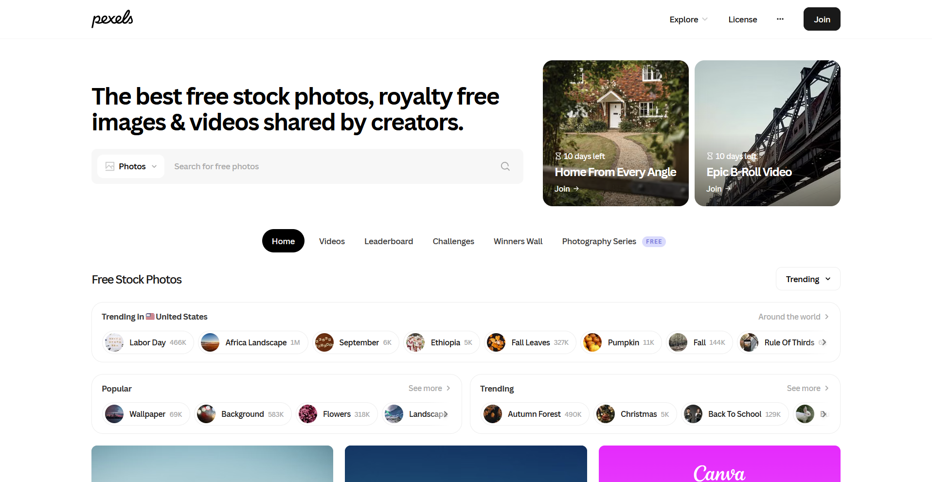 Pexels homepage