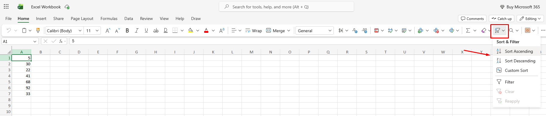 Screenshot of the sort & filter dropdown