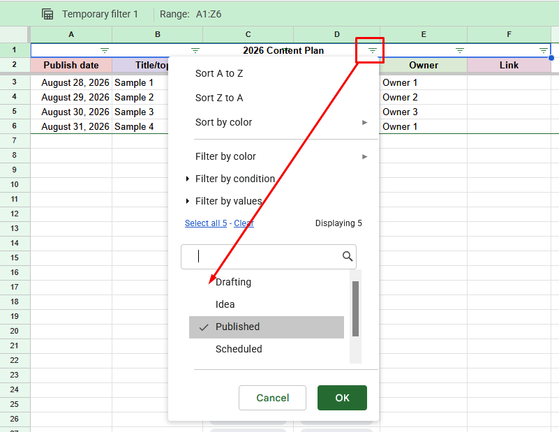Filter view setup