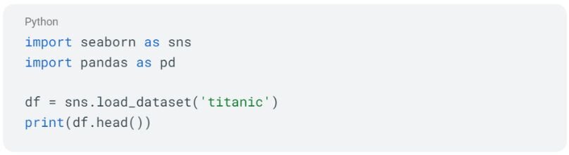 Python code: import seaborn, import pandas; load dataset titanic; print header