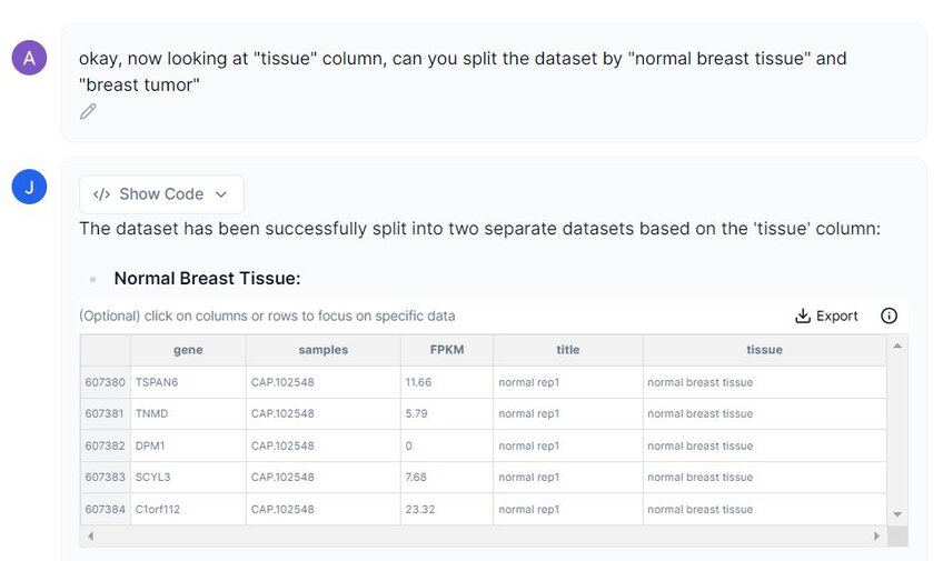 Prompting Julius to split data set by "normal breast tissue" and "breast tumor"