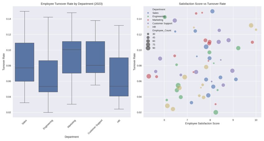 Example data visualization that shows which departments might need attention regarding retention (with the box plot on the left) and potential correlations between employee satisfaction and turnover (with the scatter plot on the right). Created in seconds with Julius AI