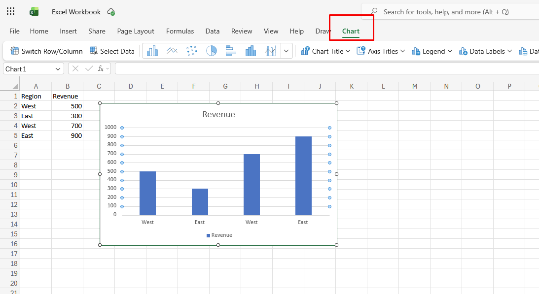 Screenshot of the new Chart tab in Excel for web