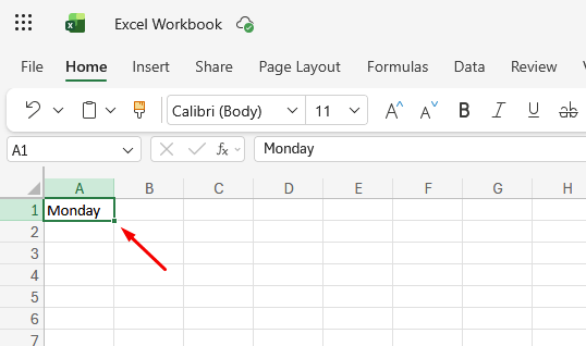 Screenshot of the text Monday in a cell with an arrow pointing to the fill handle
