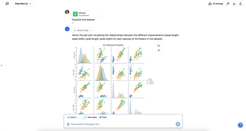 Interface of Julius AI showing a chart visualizing the Iris dataset