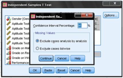 Independent Samples T Test - Setting Options