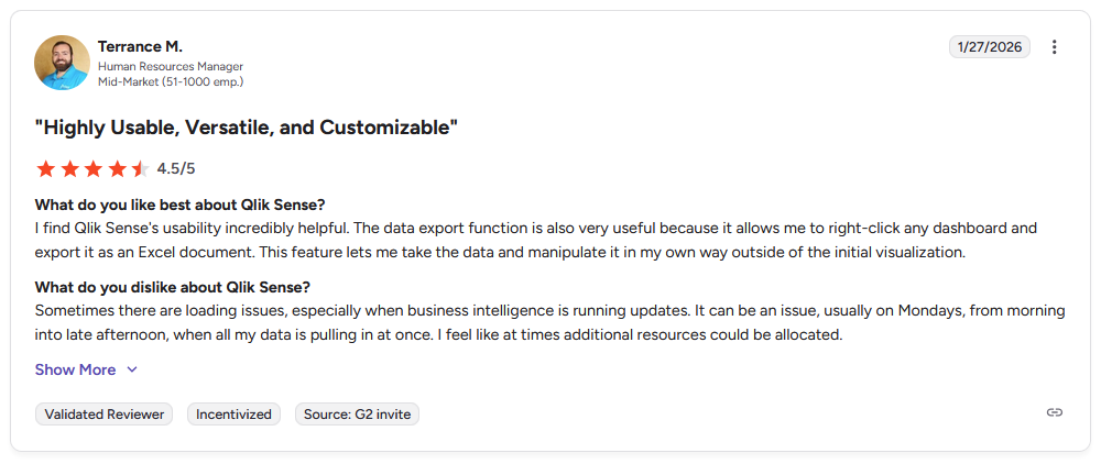 G2 review from Terrance M. saying Qlik Sense is usable and customizable, but loading issues can happen when business intelligence updates run.