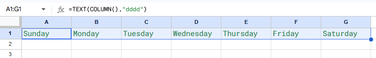 Text formula for days across columns A through G
