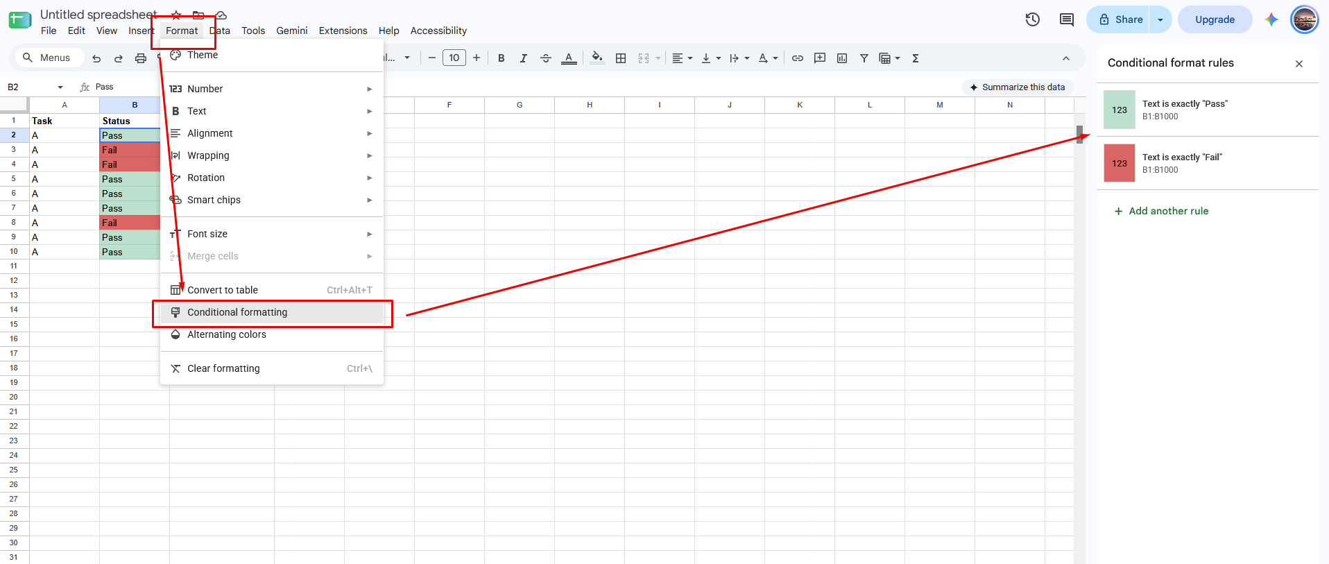 Screenshot of the Format dropdown menu with the Conditional formatting sidebar open