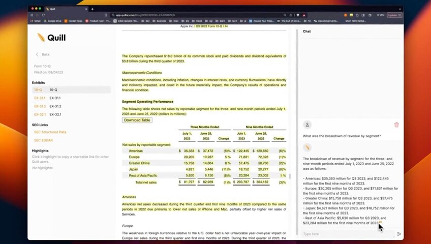 Quill AI tool showing ChatGPT-powered analysis of SEC filings