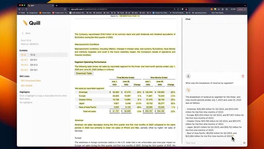 Quill AI tool showing ChatGPT-powered analysis of SEC filings