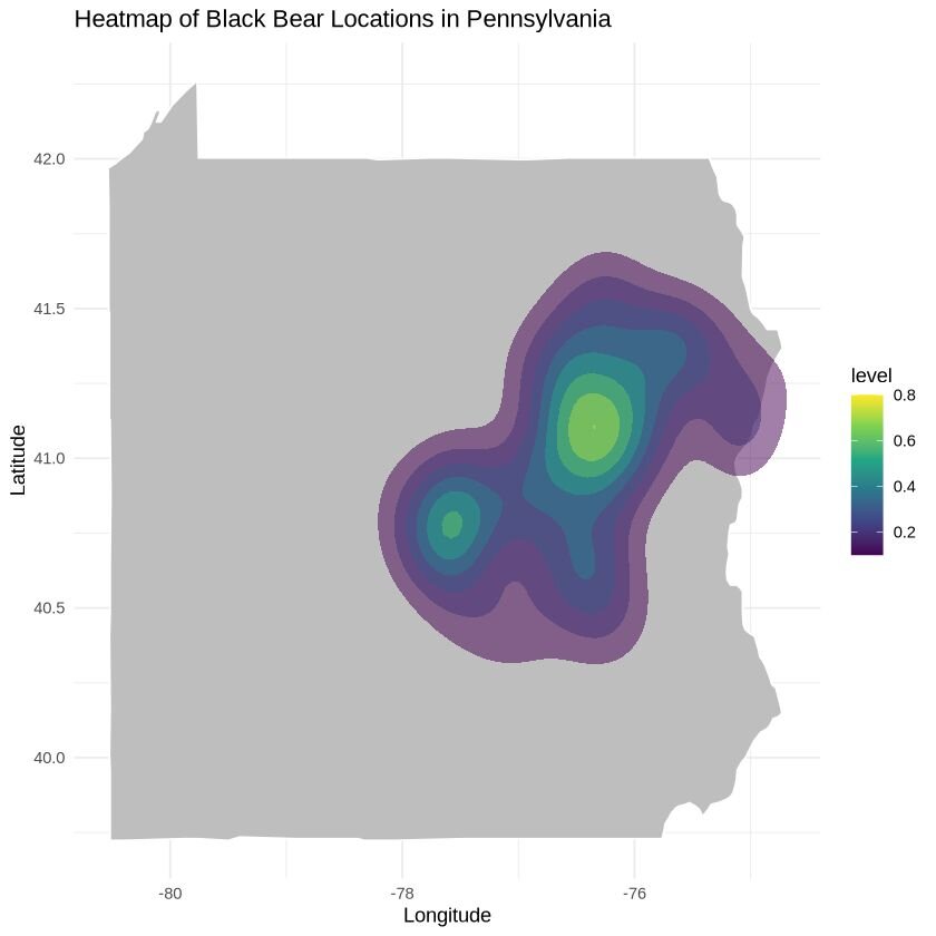 Heatmap of Black Bear Locations in Pennsylvania