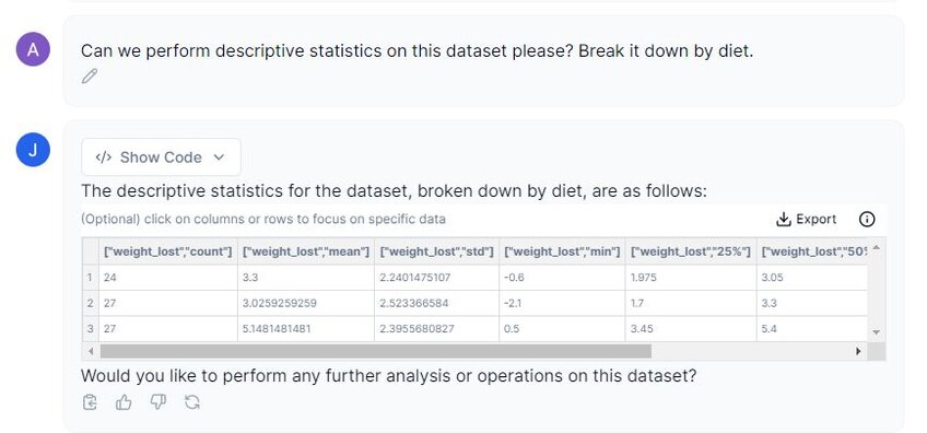 Prompting Julius for descriptive statistics on the dataset