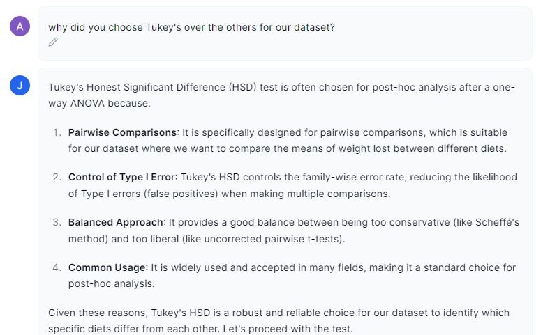 Julius reasoning for choosing Tukey's honest significant difference test