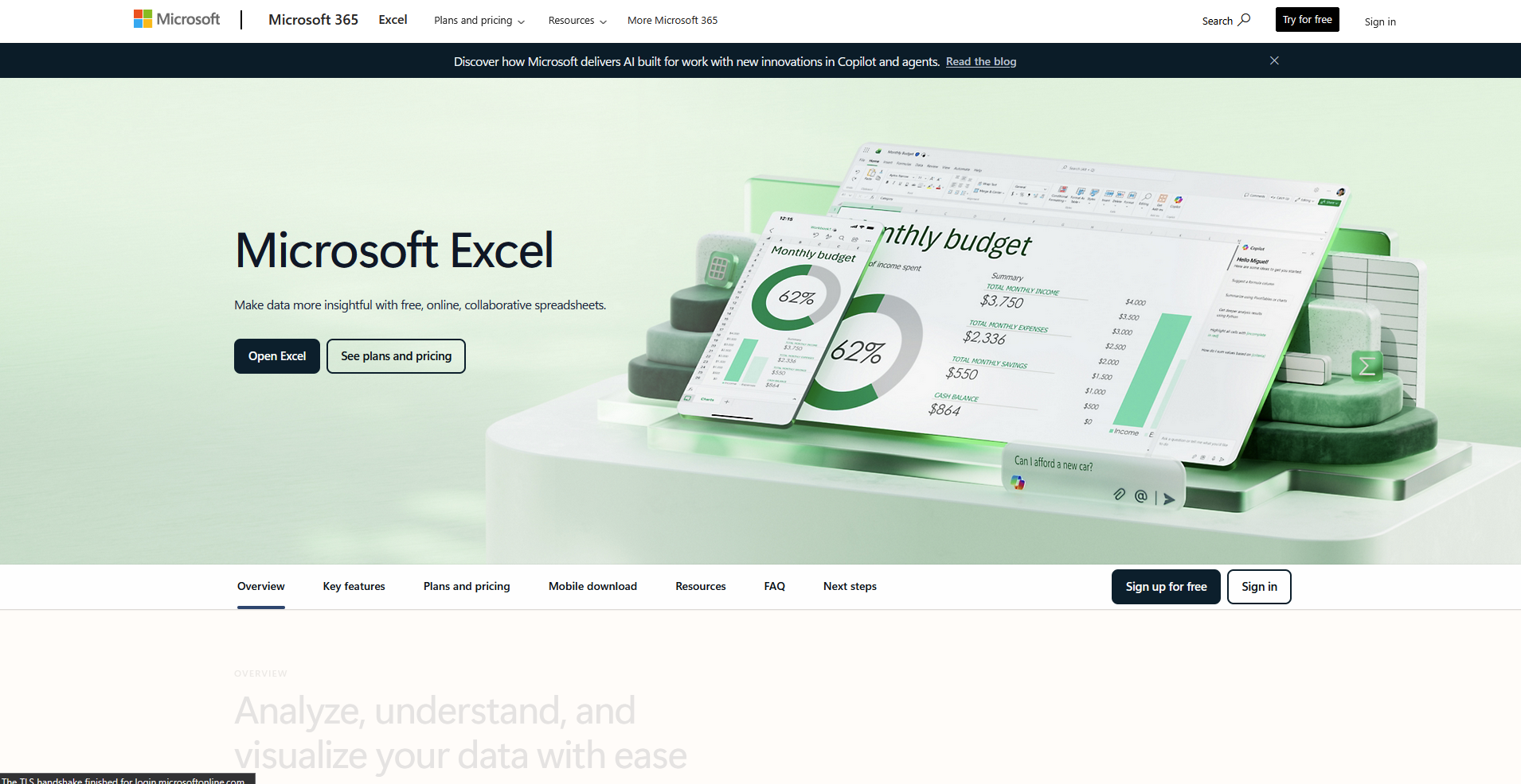 Microsoft Excel homepage