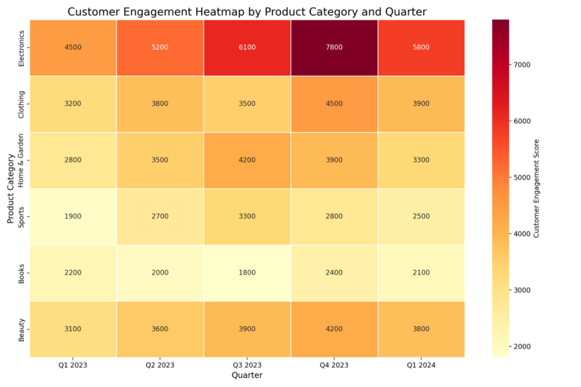 Example data visualization of customer engagement across different product categories and quarters. Created in seconds with Julius AI