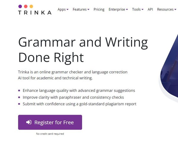 Trinka AI Grammar and Writing Front Page