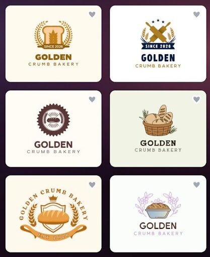 Golden Crumb Bakery logo concepts generated with Design.com