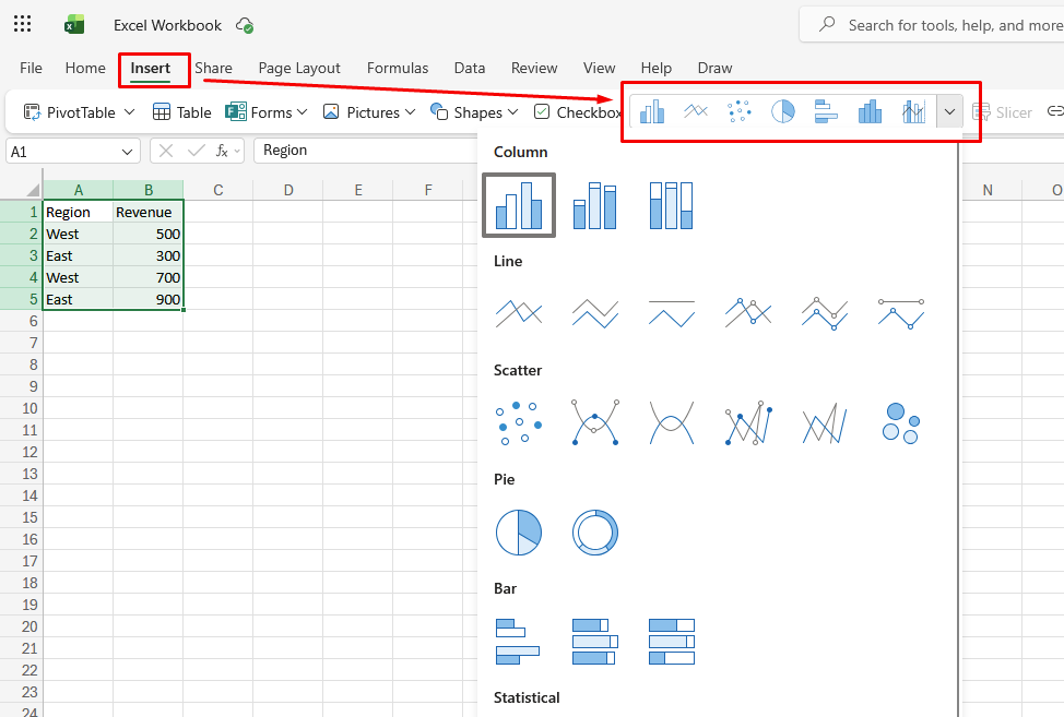 Screenshot of Insert tab with charts highlighted in Excel for web