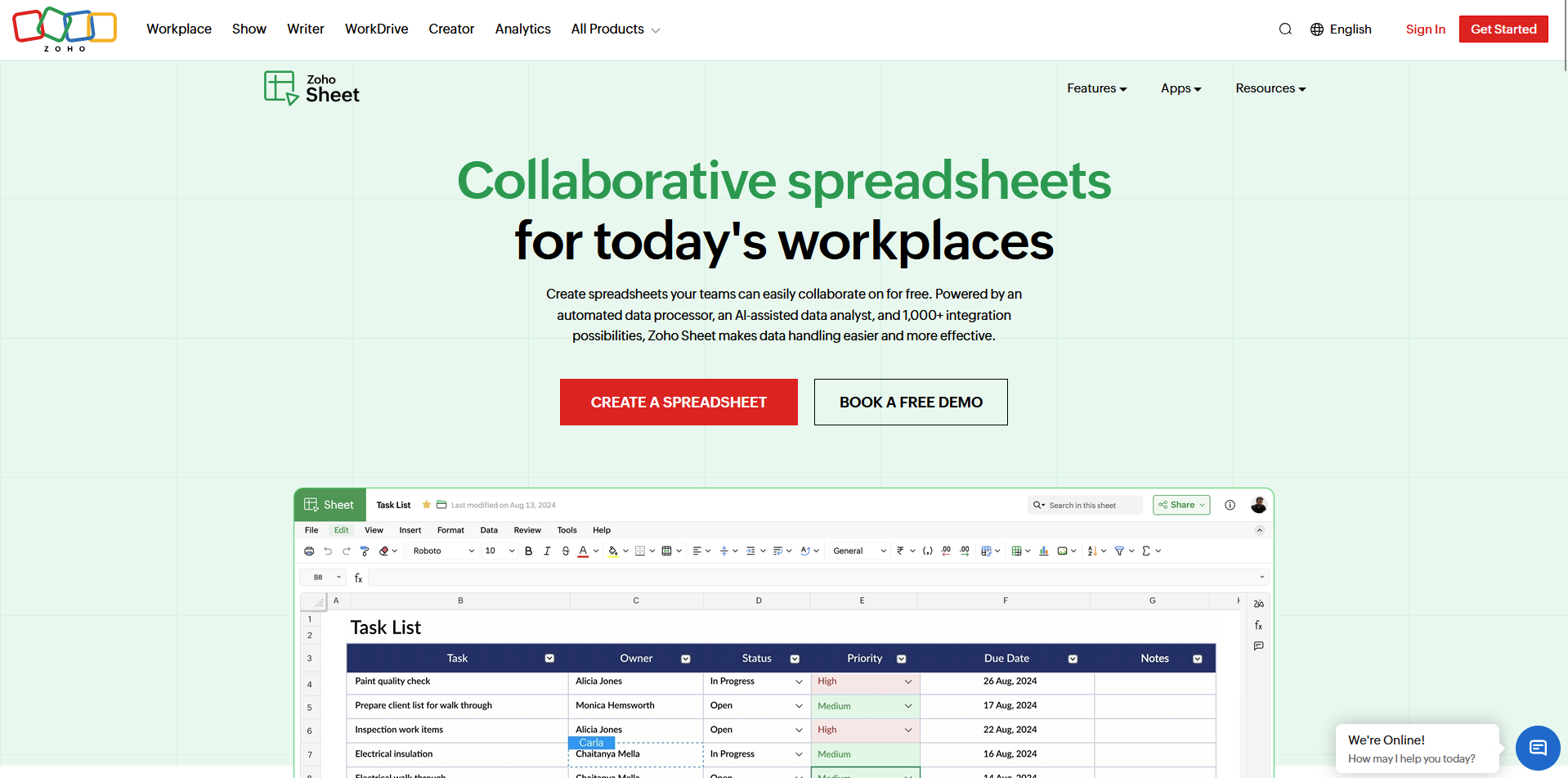 Zoho Sheet homepage