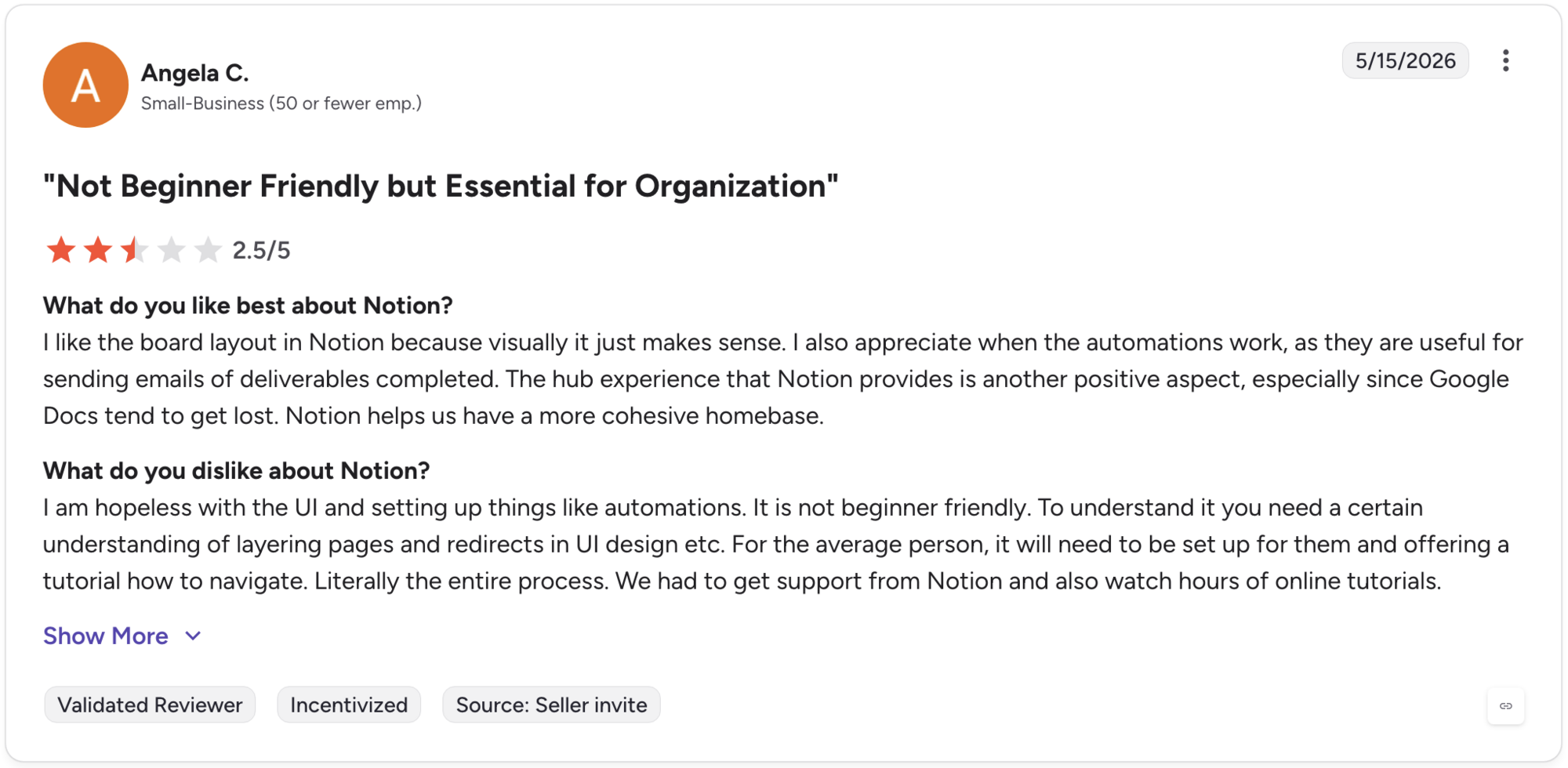 G2 review of Notion by Angela C., Small-Business, 2.5/5 stars, dated May 15, 2026