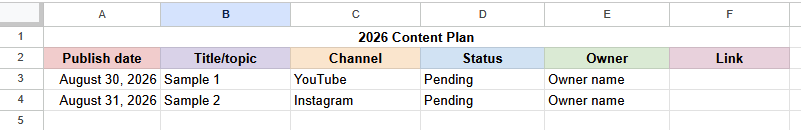 Sample content calendar with 6 columns